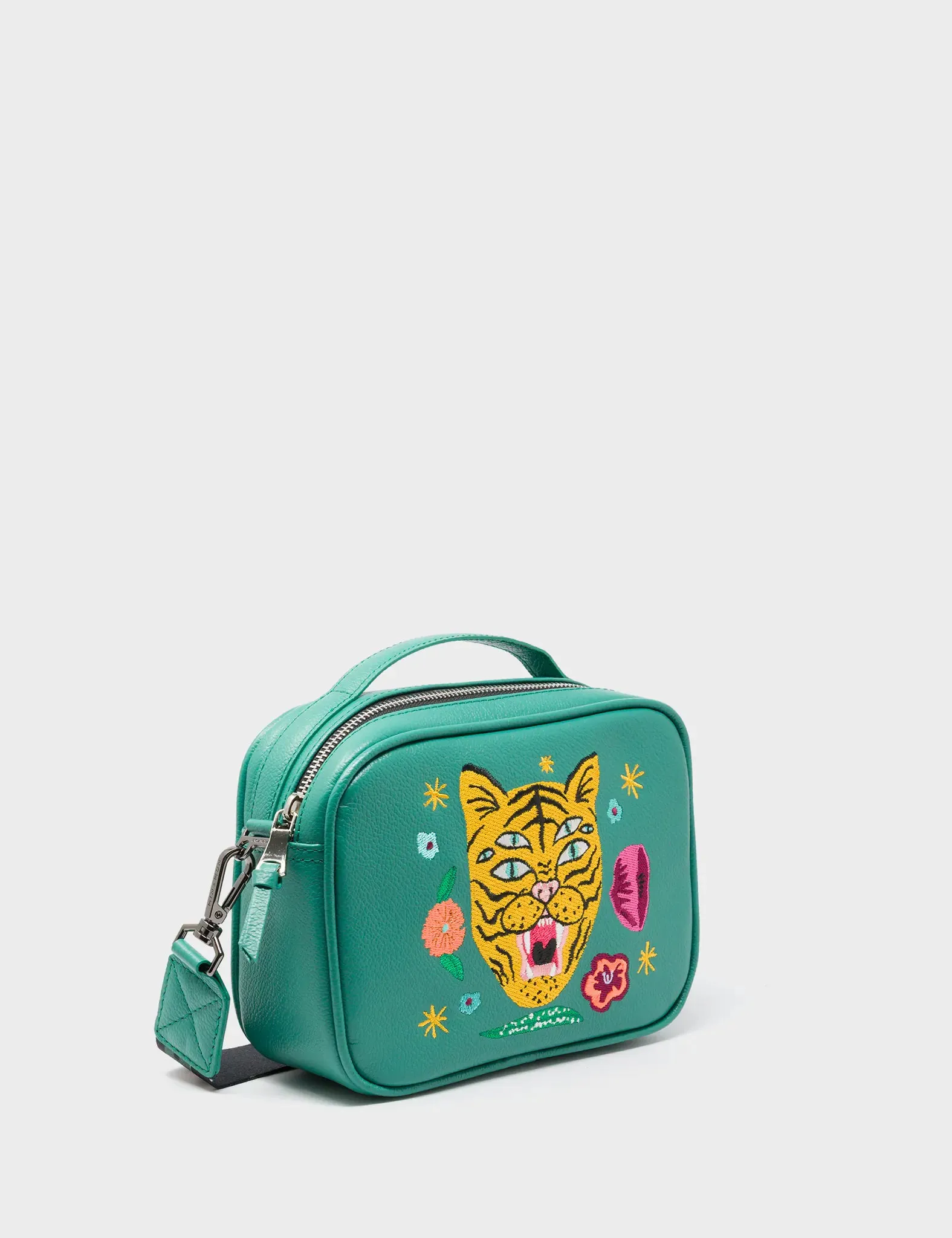 Classic Spirit Refined Functionality Verto Deep Green Leather Crossbody Bag - Happy Tiger Embroidery
