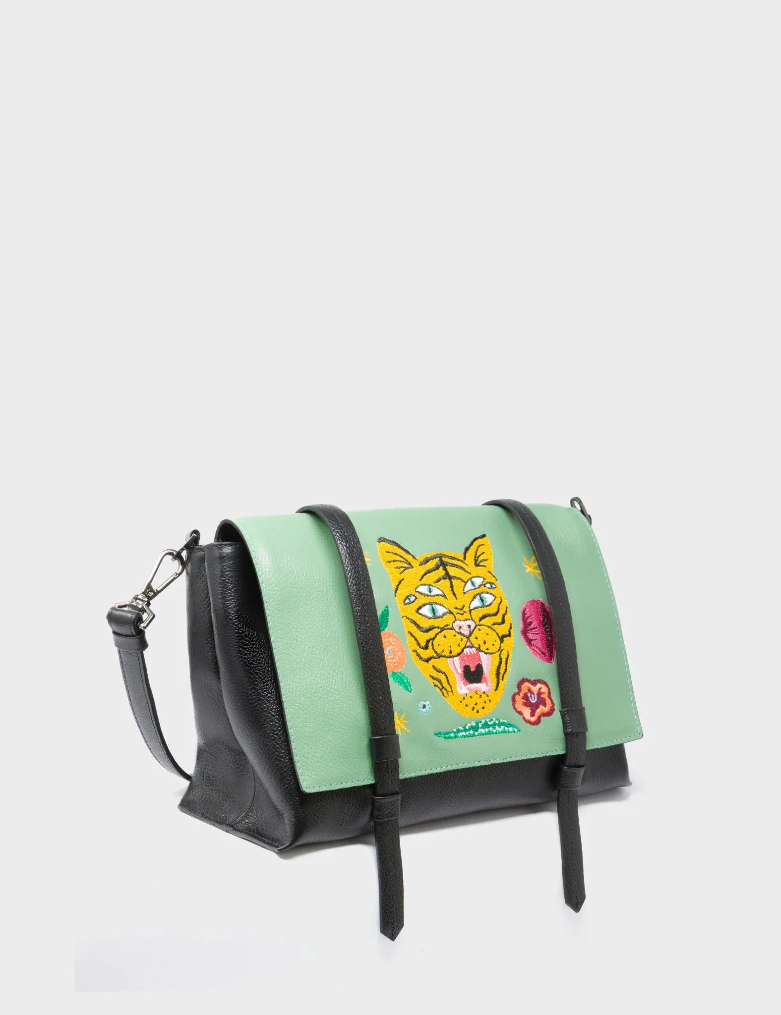 Victor Basil Green Reversible Small Messenger Bag - Happy Tiger Design On The Go Structured Base