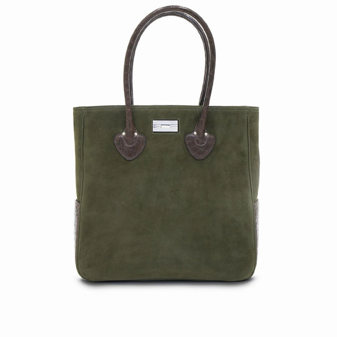 Essex Travel Tote Suede with Croc Trim, Olive & Brown Compact Everyday Compact Carry