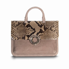 Sydney Convertible Satchel - Light Brown Suede & Python, Topaz Grommet Classic Appeal Travel Utility
