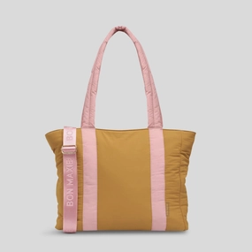 Lightweight Material Work Utility Everyday Tote Bag -- Pink/Mustard