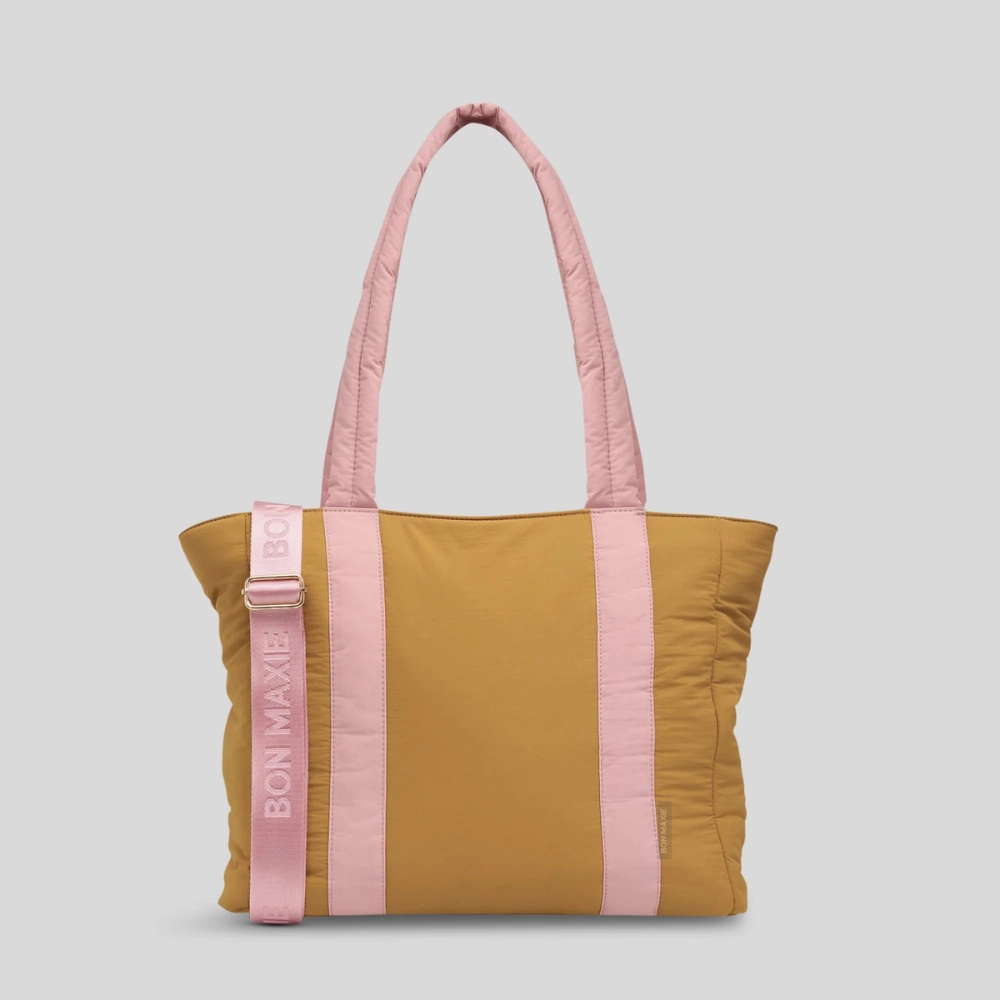 Lightweight Material Work Utility Everyday Tote Bag -- Pink/Mustard