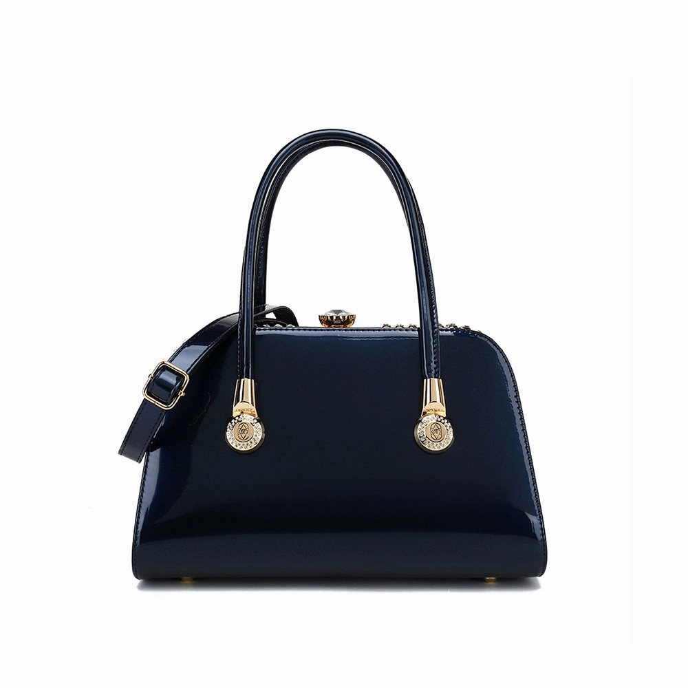 Functional Functionality Compact Shape Frame Satchel with Rhinestones Patent Leather 3421