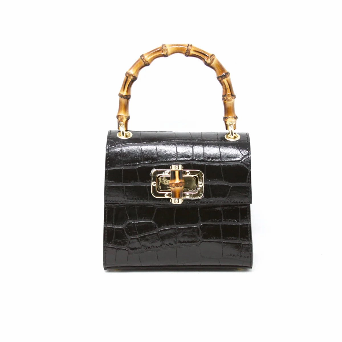 Versatile Design Functional Storage Croc-Embossed Leather Handbag with Bamboo Handle
