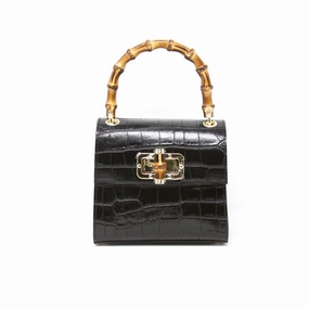 Versatile Design Functional Storage Croc-Embossed Leather Handbag with Bamboo Handle