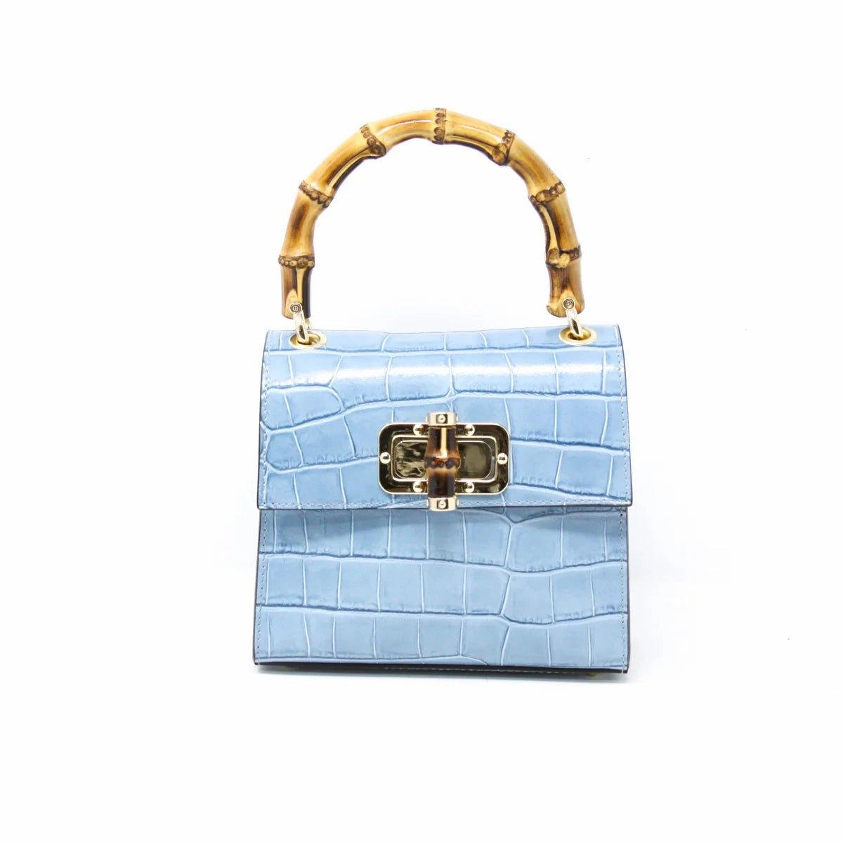 Croc-Embossed Leather Handbag with Bamboo Handle Portable Solution Outdoor functionality