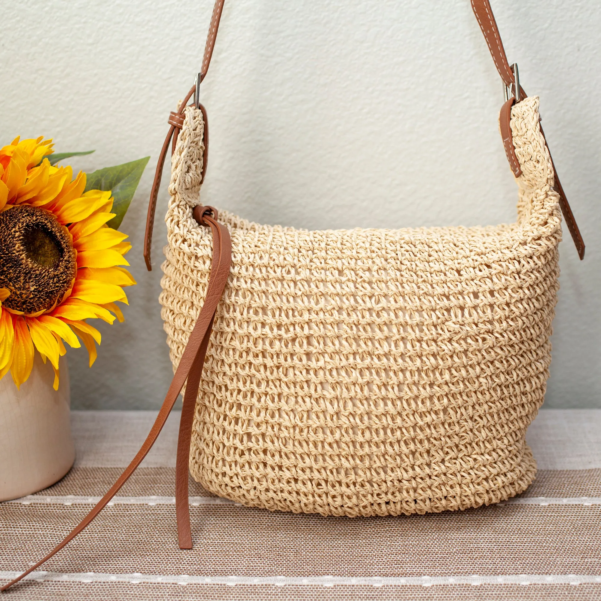 outdoor durability Elena Handbags Straw Woven Crossbody Bag With Tassle