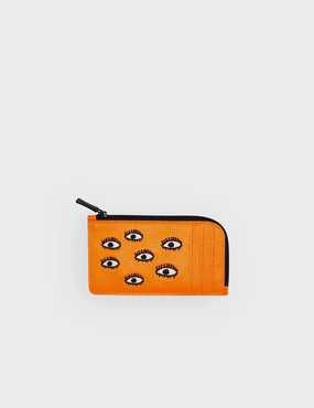 Comfortable Grip Smart Organization Fausto Neon Orange Leather Zip-around Cardholder - All Over Eyes Embroidery Durable Texture