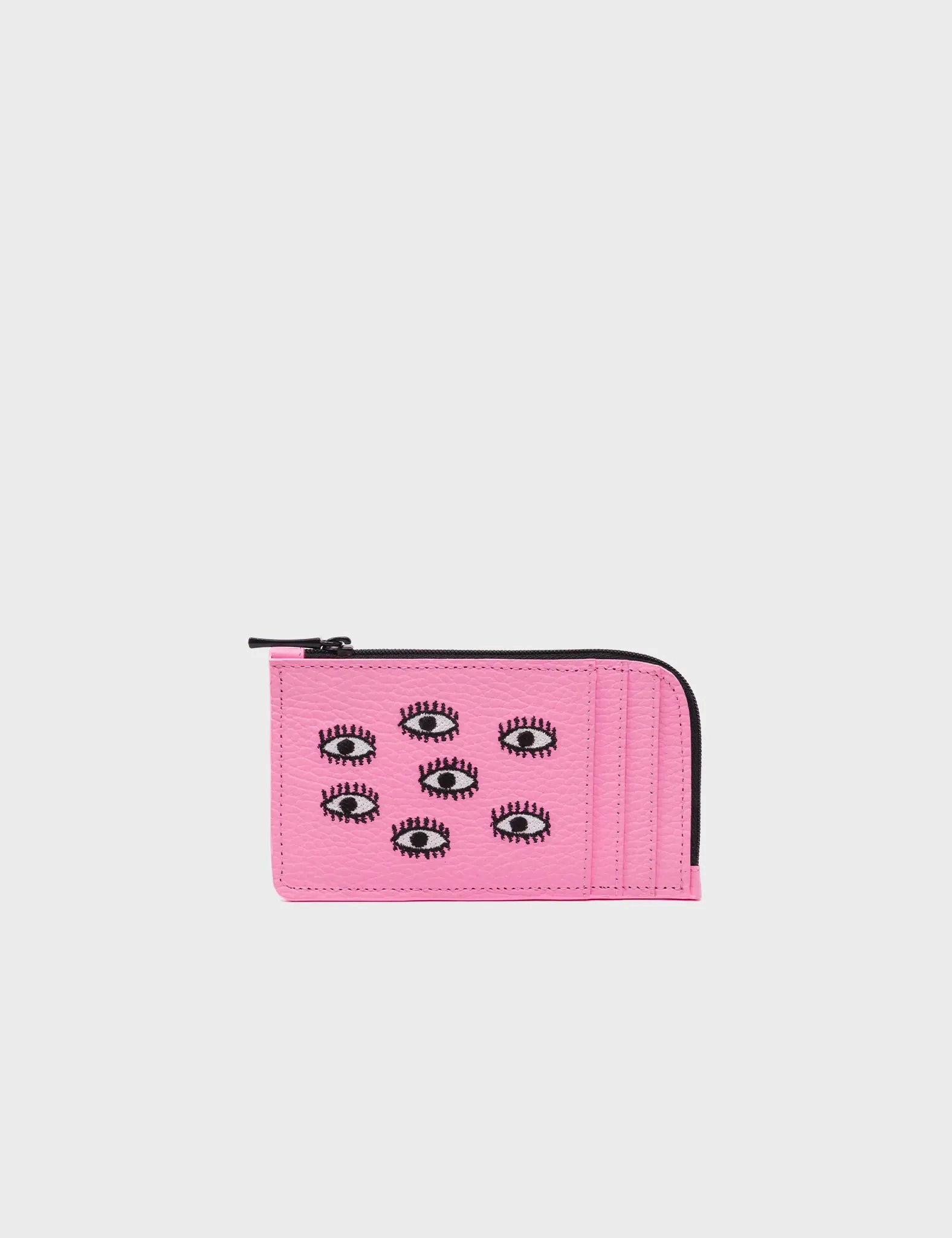 Essential card organizer Handy Size Fausto Soft Neon Pink Leather Zip-around Cardholder - All Over Eyes Embroidery Neat Storage