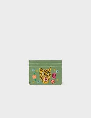Travel Storage Durable Outdoor Gear Filium Basil Green Leather Cardholder - Happy Tiger Embroidery