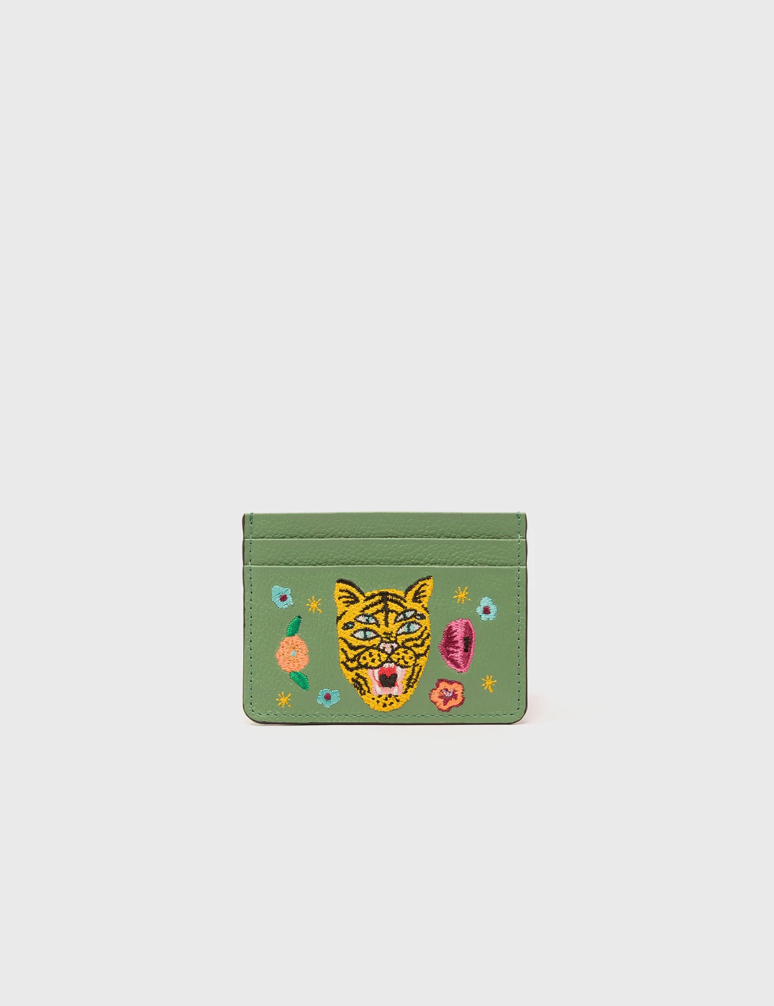 Travel Storage Durable Outdoor Gear Filium Basil Green Leather Cardholder - Happy Tiger Embroidery