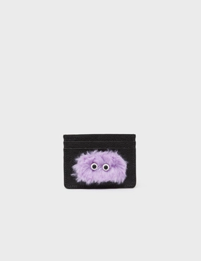 Compact Option Refined Geometry Filium Black and Lavender Leather Cardholder - Fuzzy Monster Applique Vintage Appeal