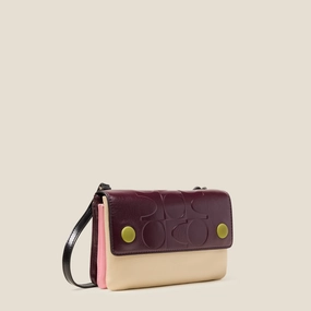 Curved Silhouette Flap Folio Leather Crossbody Bag - OK Colourblock Burgundy