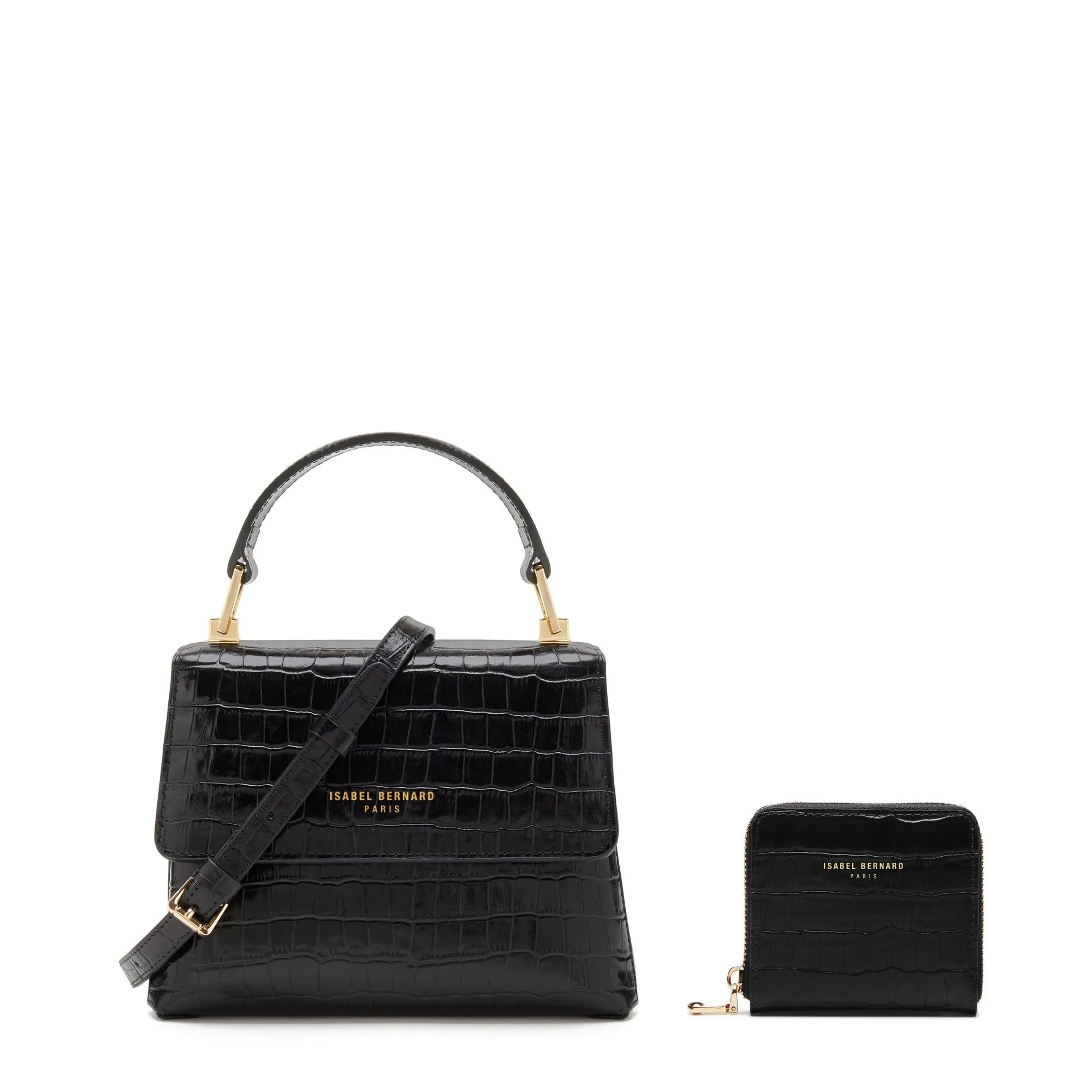 work commute Classic Craft Cadeau d'Isabel croco black calfskin leather handbag and wallet set