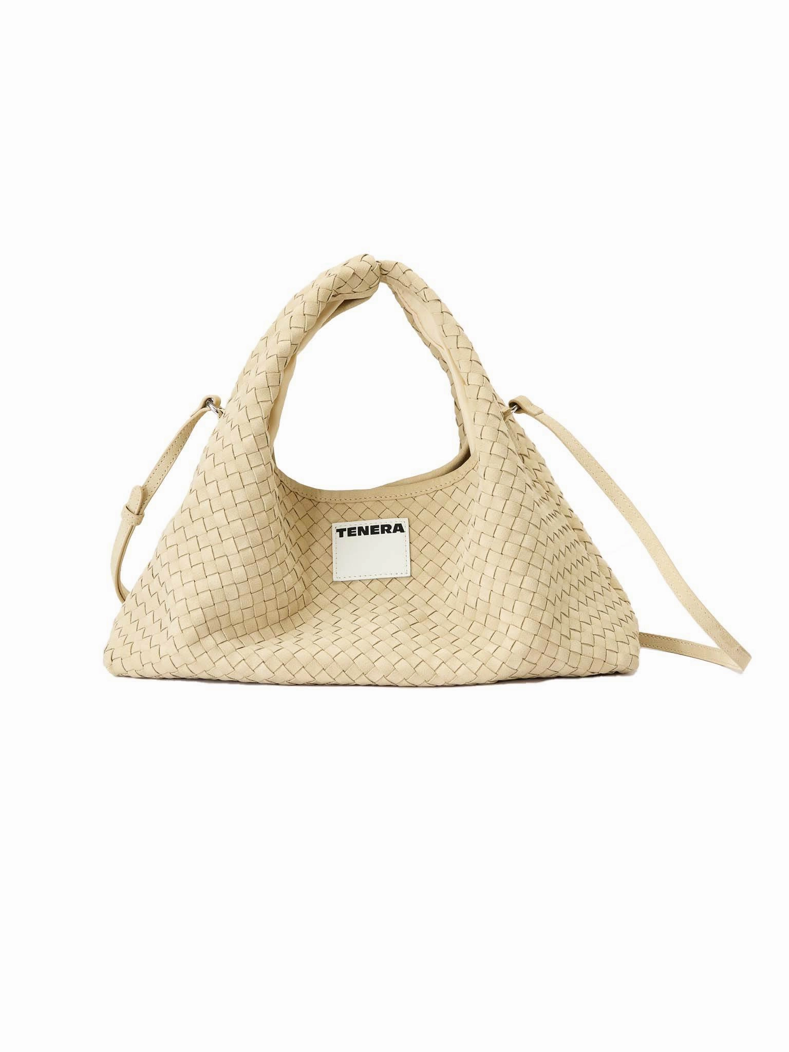 (Almond Beige)Small Hobo Bag-TENERA Handwoven Suede Collection Classic Travel Stylish Edge