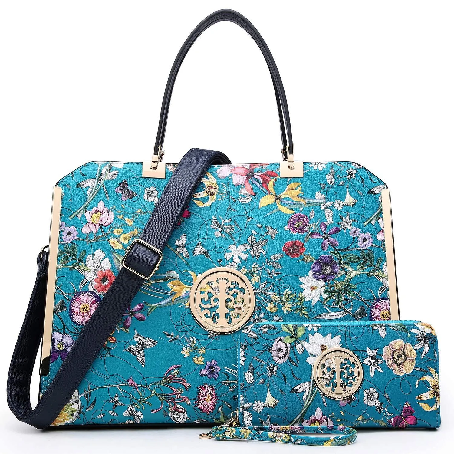Floral Print Emblem Handbag with Matching Wallet Durable Craft