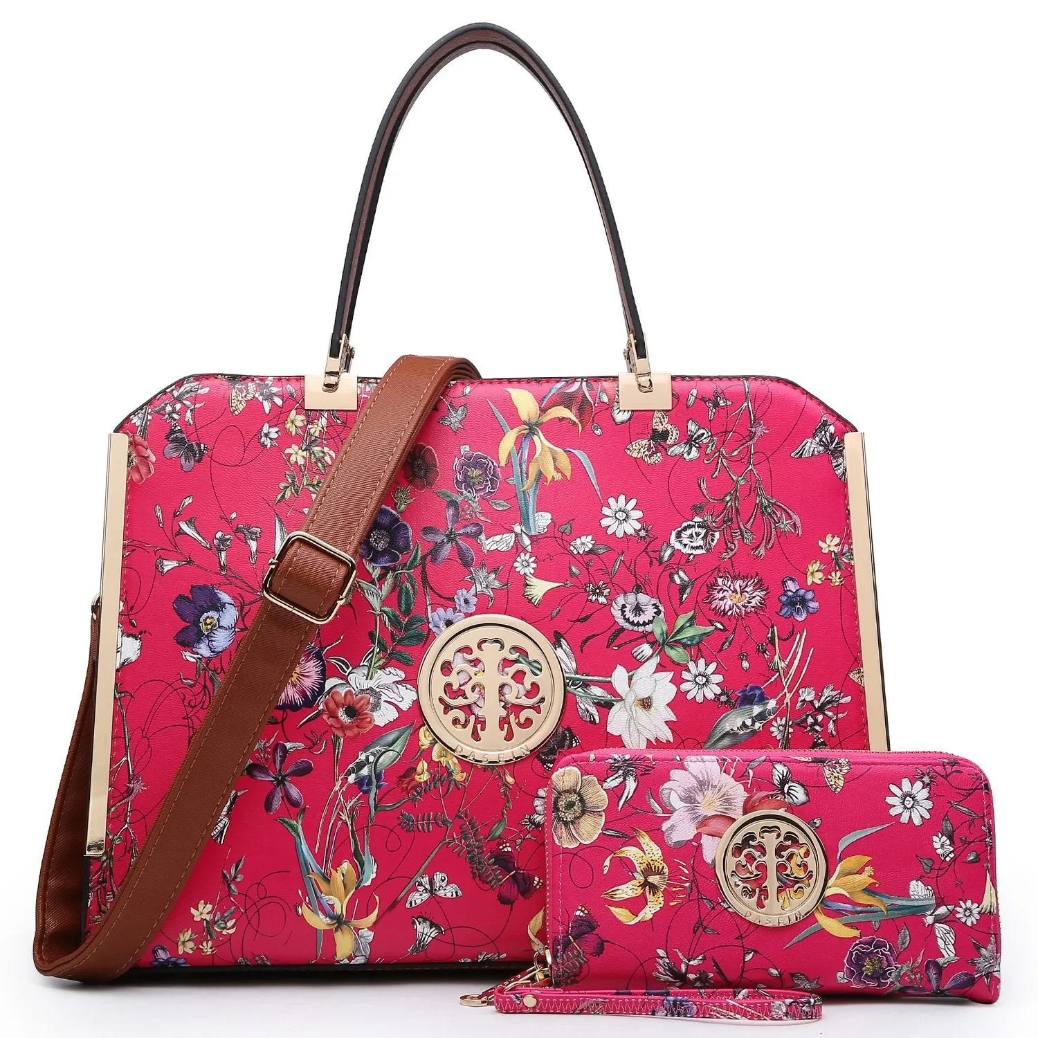 Urban Essential Floral Print Emblem Handbag with Matching Wallet