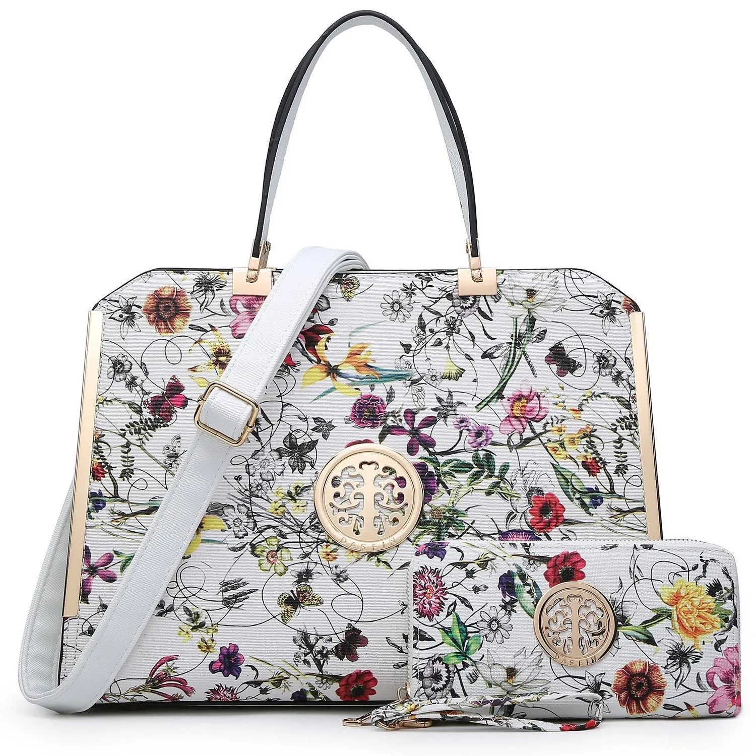 Floral Print Emblem Handbag with Matching Wallet Refined Spirit