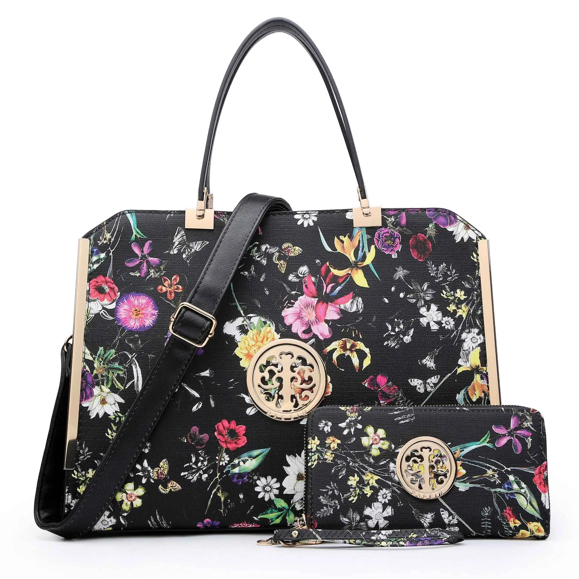Floral Print Emblem Handbag with Matching Wallet Timeless Travel Durable Build
