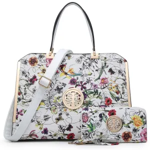 Floral Print Emblem Handbag with Matching Wallet Refined Spirit