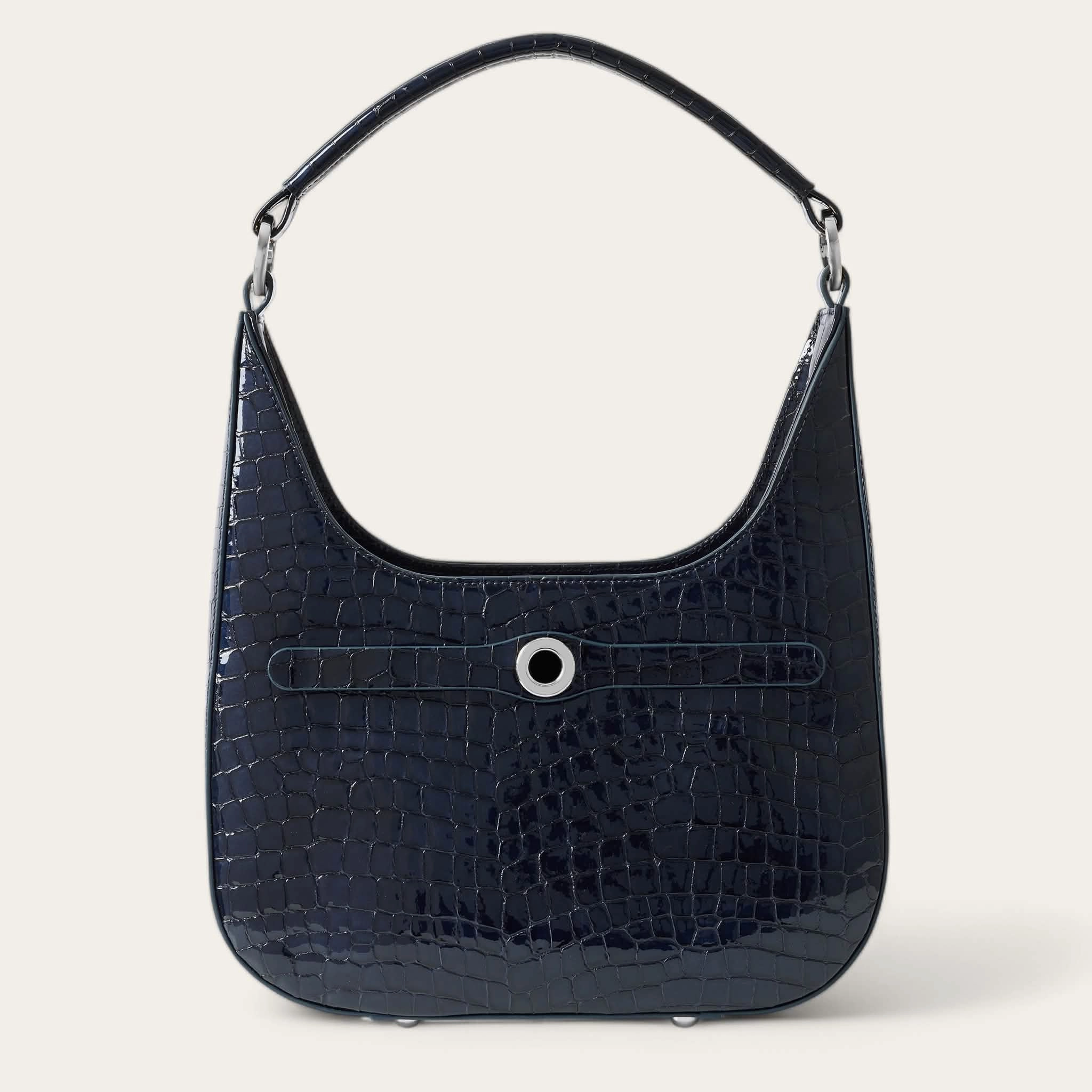 Modern Everyday Smart Utility Florence Shoulder Bag | Navy Patent Croc with Silver hardware