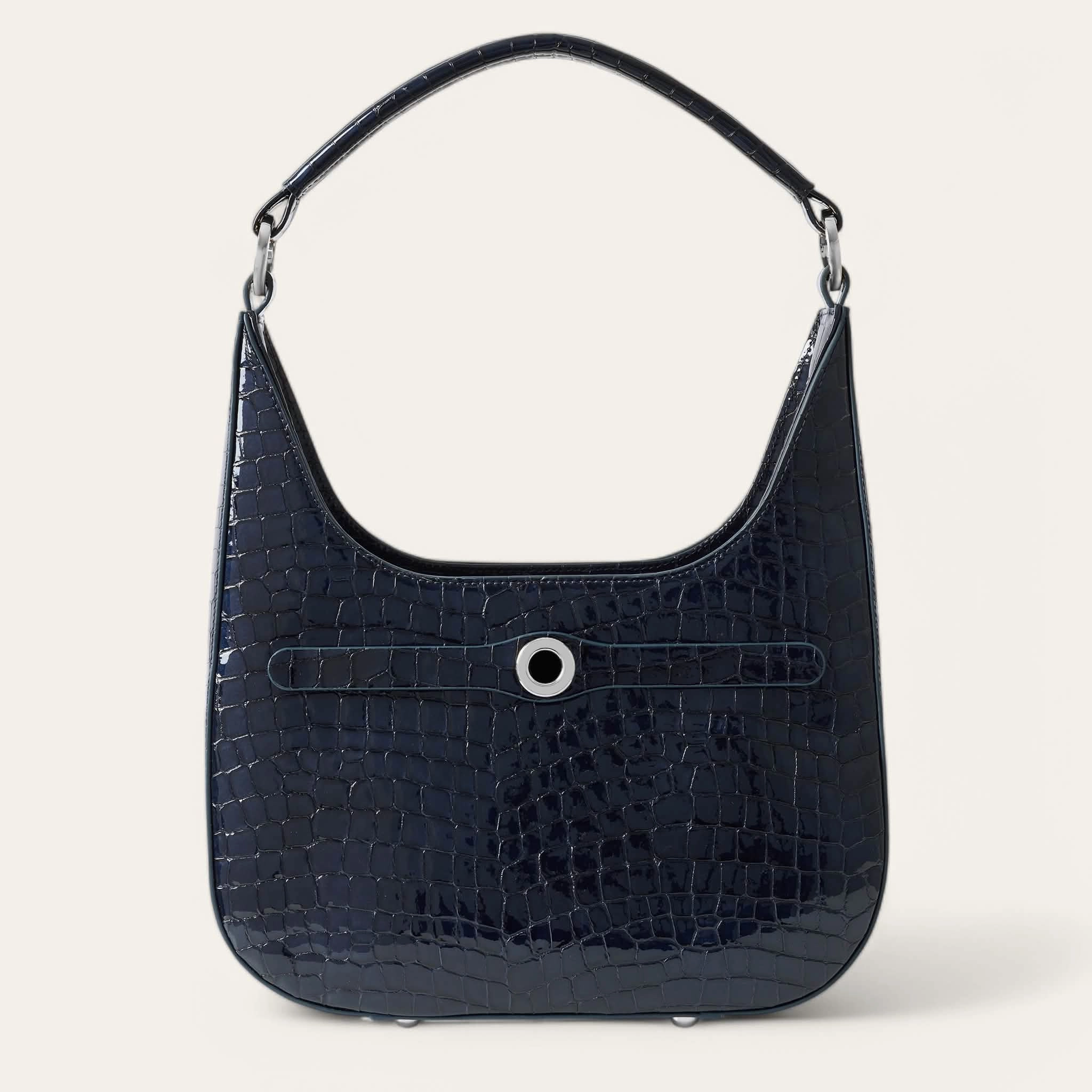 Florence Shoulder Bag | Navy Patent Croc with Silver hardware Flexible Organizer Simple Travel
