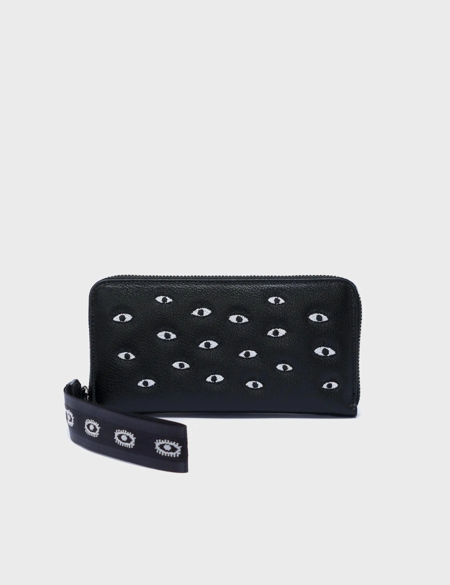 Fashion Detailing Silver Hardware Francis Black Leather Wallet - All Over Eyes Embroidery