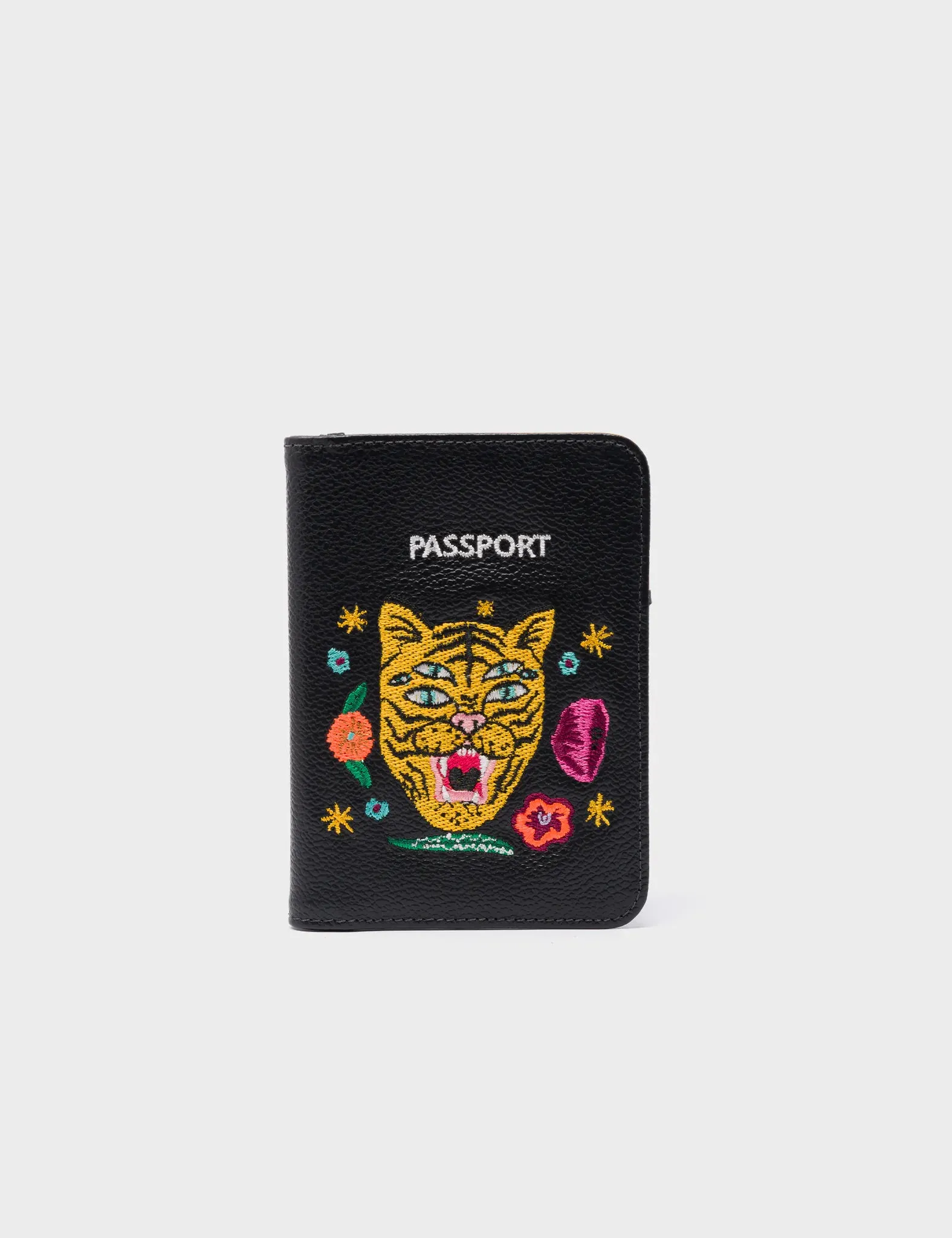 Frida Black Leather Passport Cover - Tiger and Flowers Embroidery Modern Street Fashion Adventure Gear
