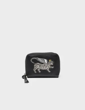 Portable Companion Ergonomic Comfort Frodo Black Leather Zip Around Wallet - Winged Tiger Embroidery