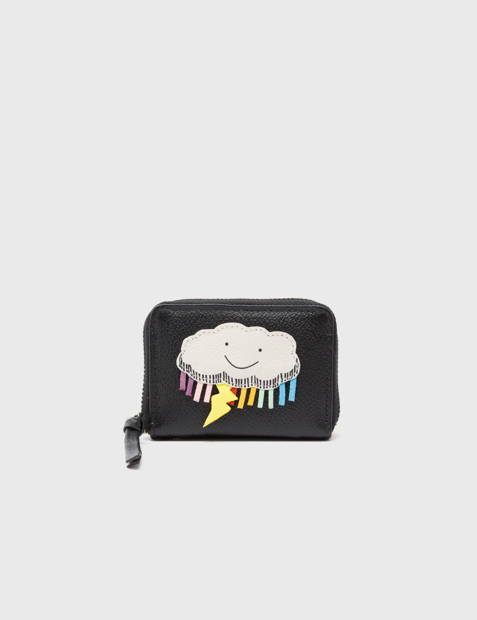 Frodo Black Leather Zip Around Wallet - Happy Cloud Applique Sleek Aesthetic daily accessory Slim cash organizer