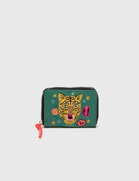 Quality Construction Frodo Deep Sea Green Leather Zip Around Wallet - Tiger and Flowers Embroidery