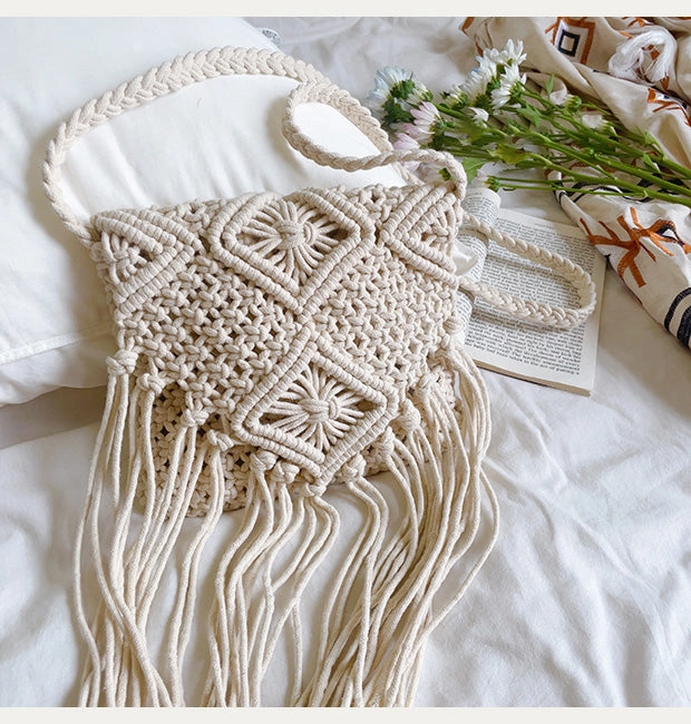 Simple Lifestyle Minimalist Organizer Elena Handbags Retro Cotton Macrame Crossbody Bag with Tassels