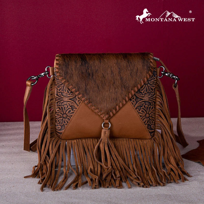 Genuine Leather Hair-On Cowhide Fringe Bohemian Crossbody work commute