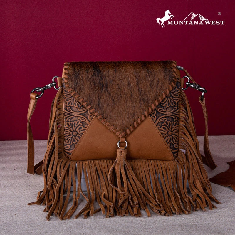 Genuine Leather Hair-On Cowhide Fringe Bohemian Crossbody Versatile Use Practical Design