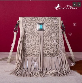 Genuine Tooled Silver Turquoise Concho Fringed Crossbody Weekend Travel Soft Touch
