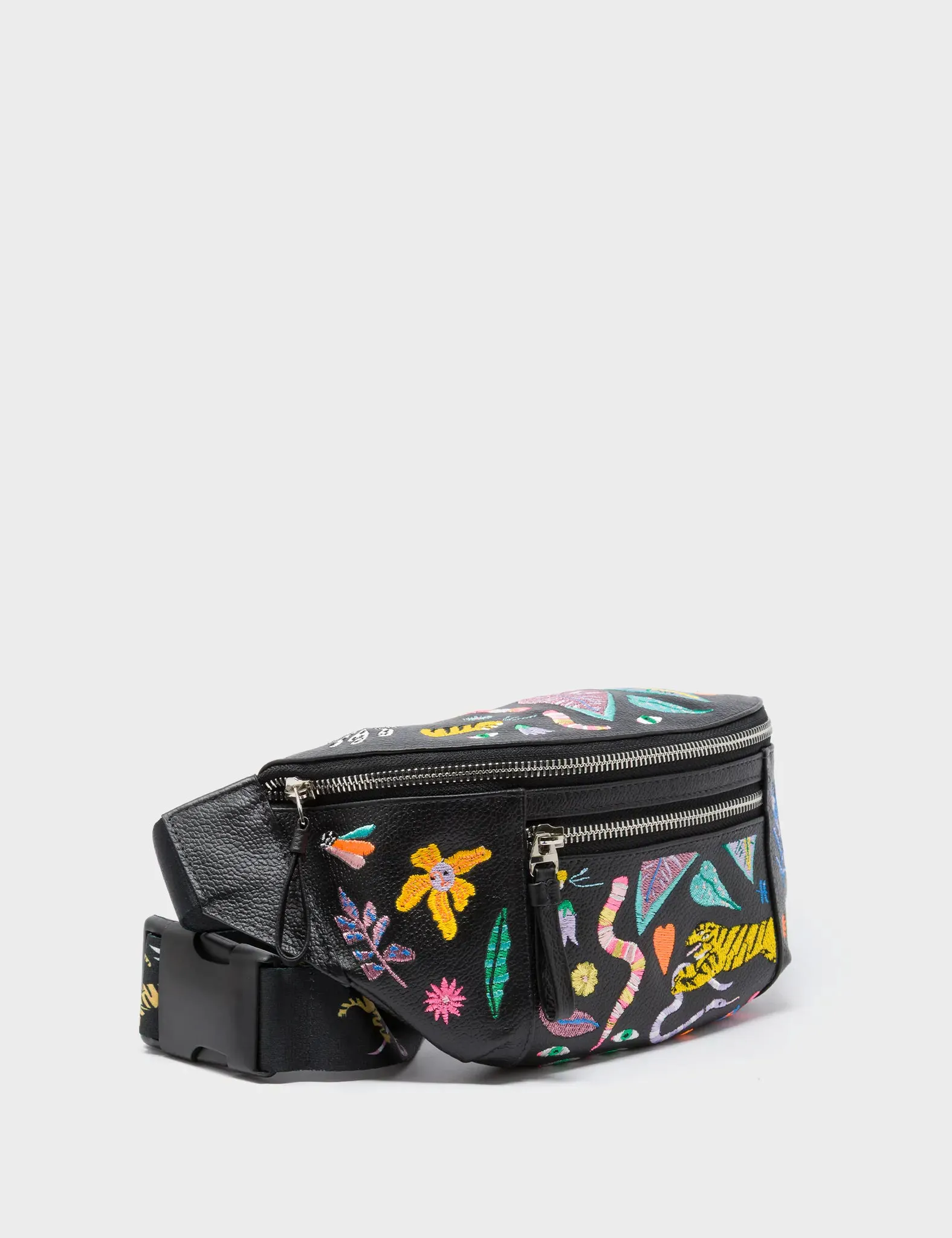 Harold Fanny Pack Black Leather - Autumn Blush Embroidery Practical Travel