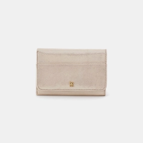 Jill Trifold Wallet In Metallic Leather - Sand Shimmer Durable Craftsmanship Compact Travel