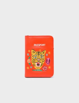 Urban Explorer Frida Fiesta Red Leather Passport Cover - Tiger and Flowers Embroidery