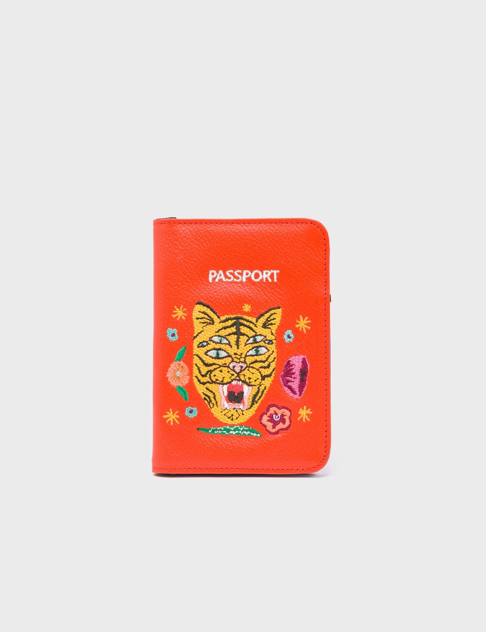 Hands Free Everyday Travel Versatile Comfort Frida Fiesta Red Leather Passport Cover - Tiger and Flowers Embroidery