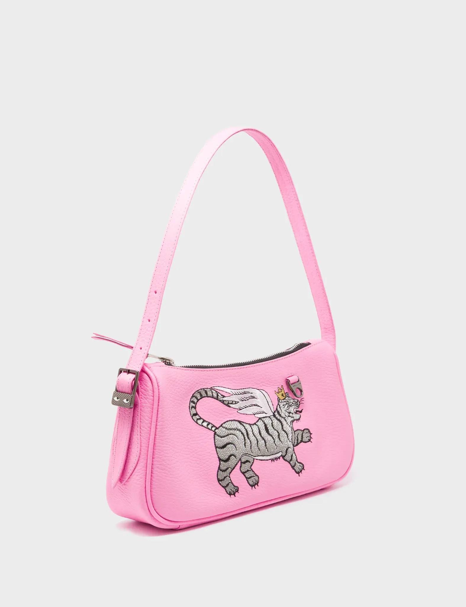 Daytime use Waterproof Fabric Lucas Hobo Mini Soft Neon Pink Handbag - Winged Tiger Embroidery