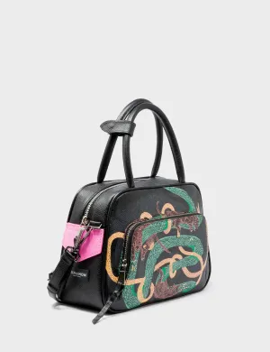 Marino Medium Crossbody Black Leather Bag - Tiger And Snake Print Structured Form Everyday Edge