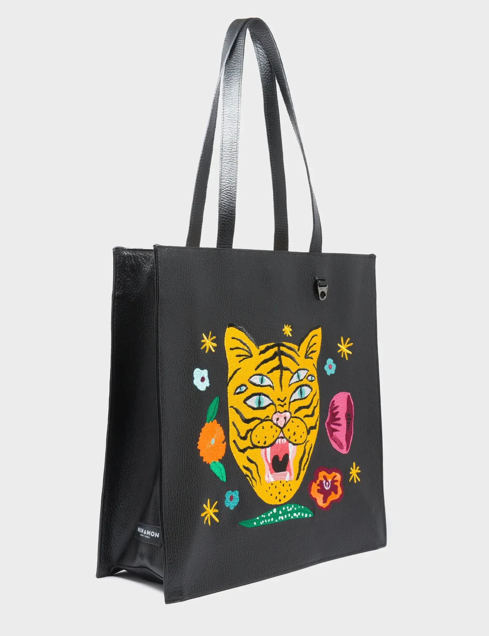Refined Aesthetic Stylish Utility Marko Black Leather Tote Bag - Tiger and Flowers Embroidery