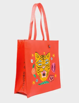 Ergonomic Support Marko Fiesta Red Leather Tote Bag - Tiger and Flowers Embroidery
