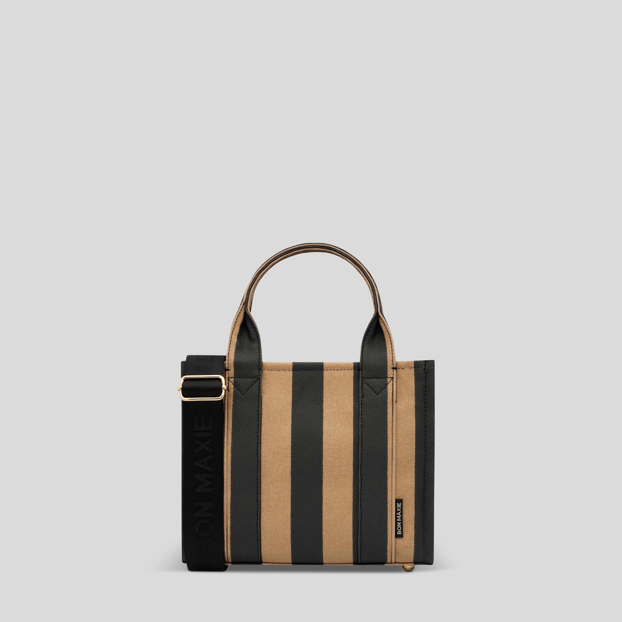 Micro Structured Tote Bag in signature coated canvas -- Black/Tan Stripe Practical Travel Gear Modern Everyday Outfit