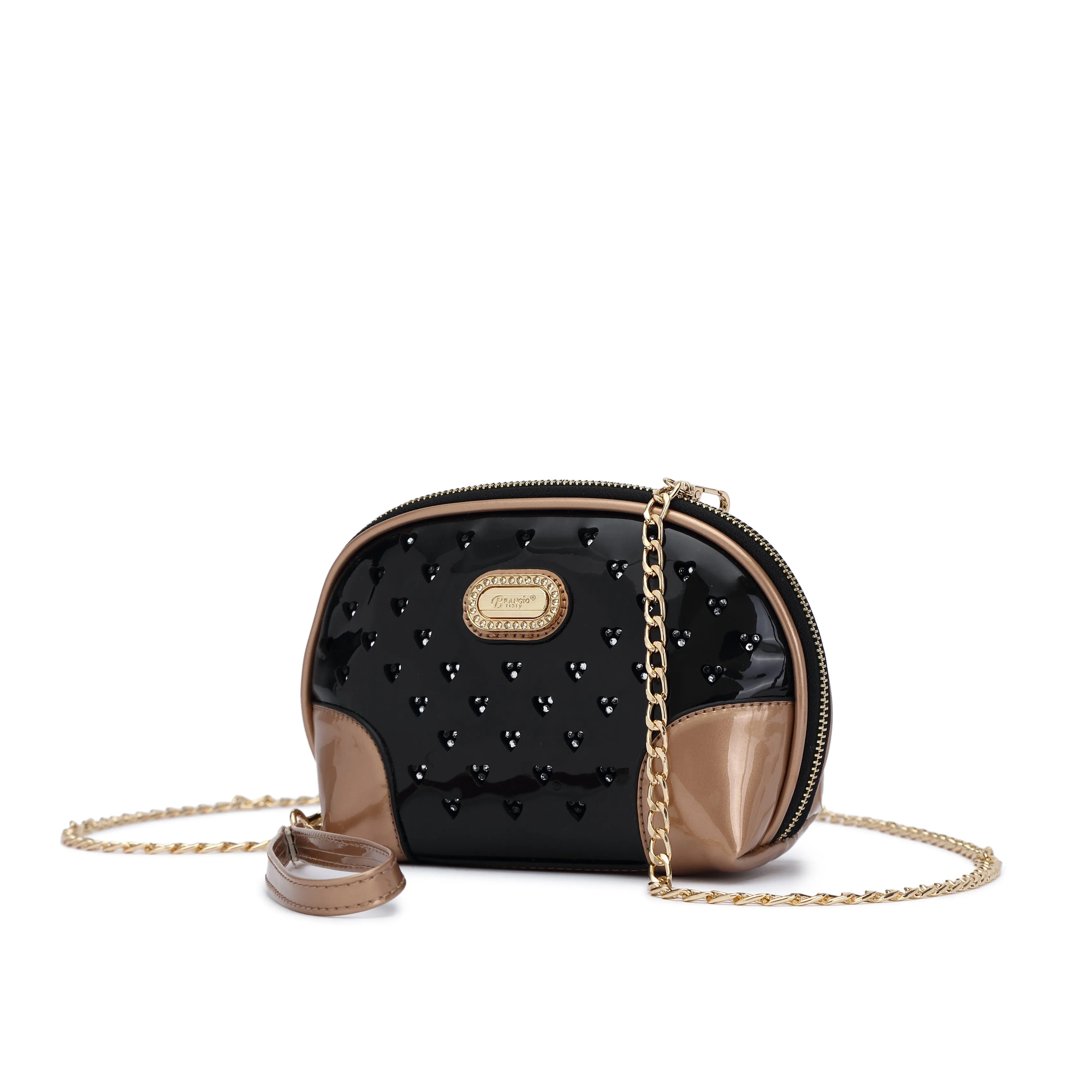 Unique Spirit Gold Accent Brangio Italy  Mini Crossbody ?C Faux Leather Camera Bag with Heart Studs & Gold Chain Strap | U.S.A. Company Ships from L.A.
