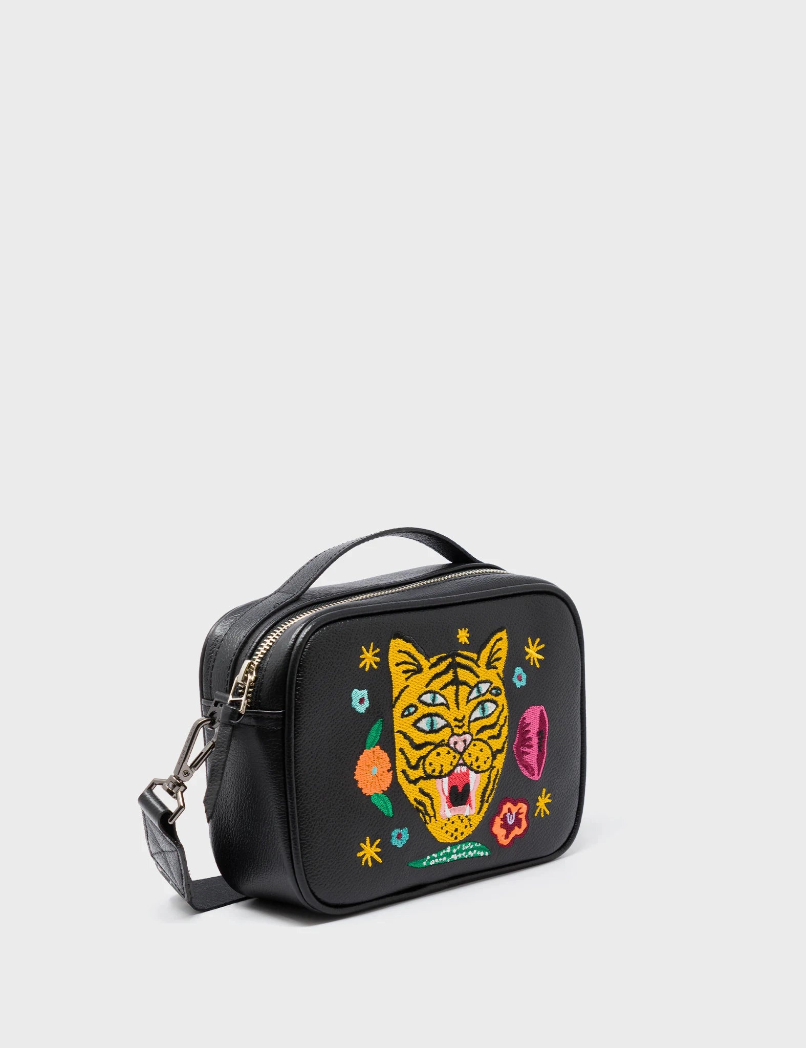 Outdoor Activities Verto Black Leather Crossbody Bag - Tiger and Flowers Embroidery