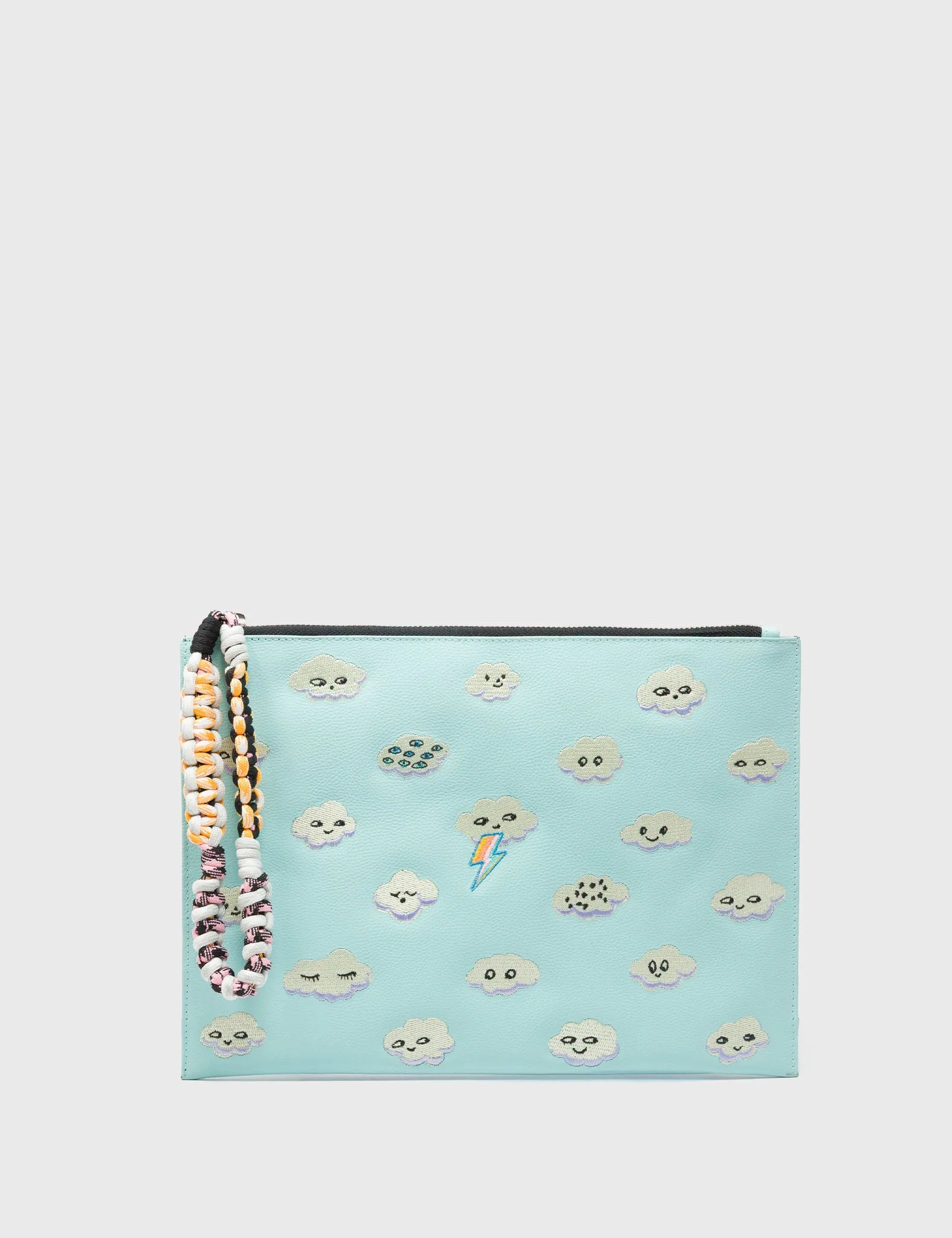Chic Texture Designer Inspired Fidelio Water Ballet Blue Leather Pouch - Happy Clouds Embroidery