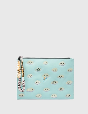 Chic Texture Designer Inspired Fidelio Water Ballet Blue Leather Pouch - Happy Clouds Embroidery