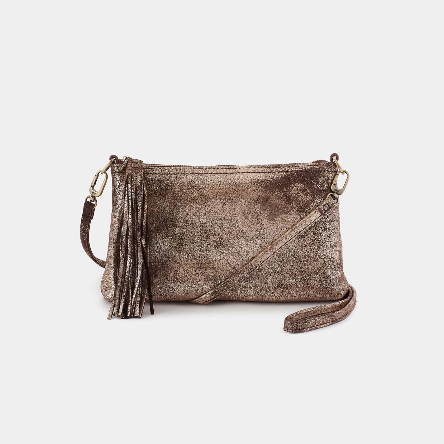 Everyday Practicality Secure Closure Darcy Crossbody in Metallic Leather - Cocoa Platinum