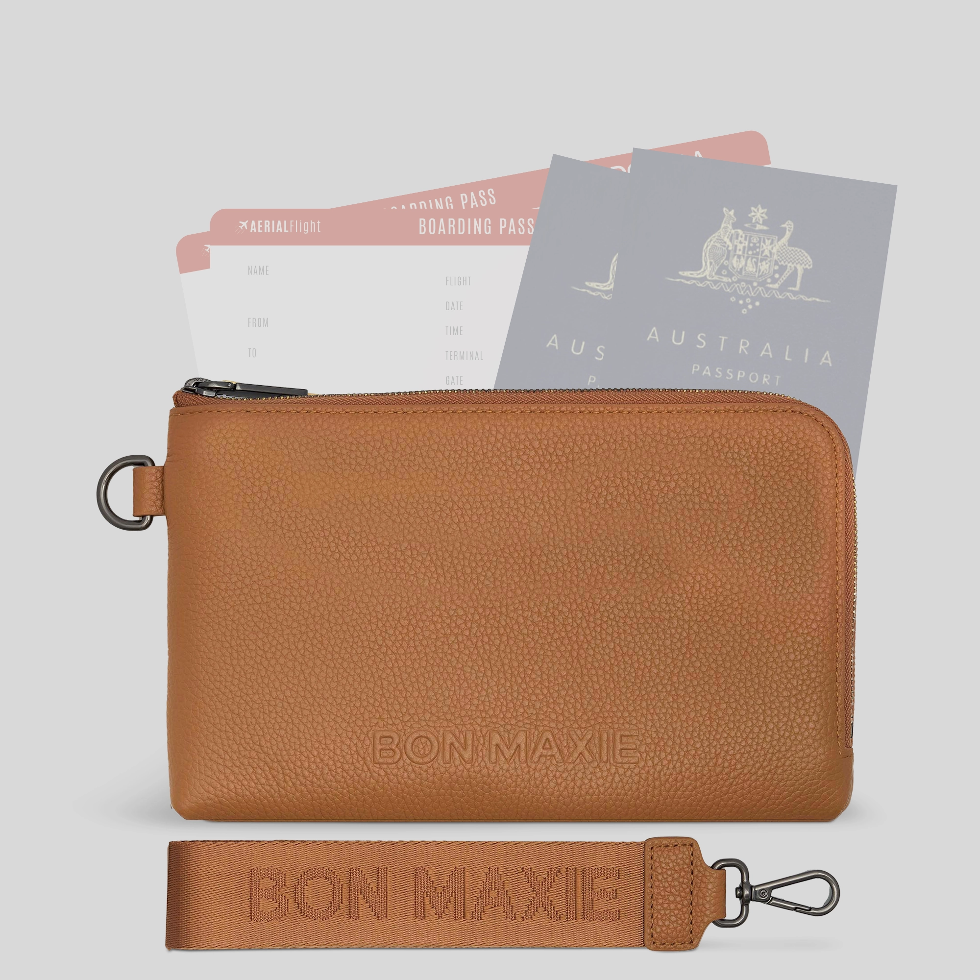 Slim Construction Executive Style Multi-Pocket Travel Wallet in full-grain pebbled leather -- Tan